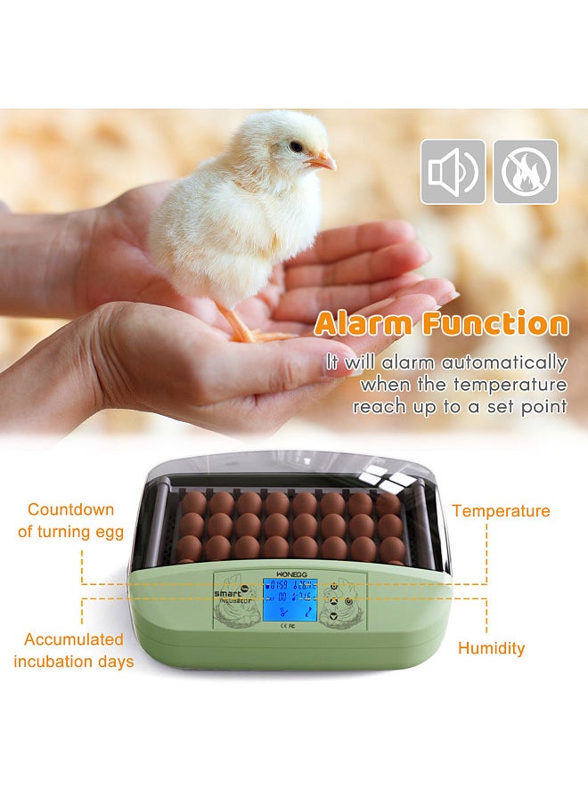 Egg Incubator 32 Eggs Poultry Digital Hatcher with Auto Egg Turning Temperature Control LED Display Temperature Humidity Alarm Incubator for Chicken Ducks Birds Eggs