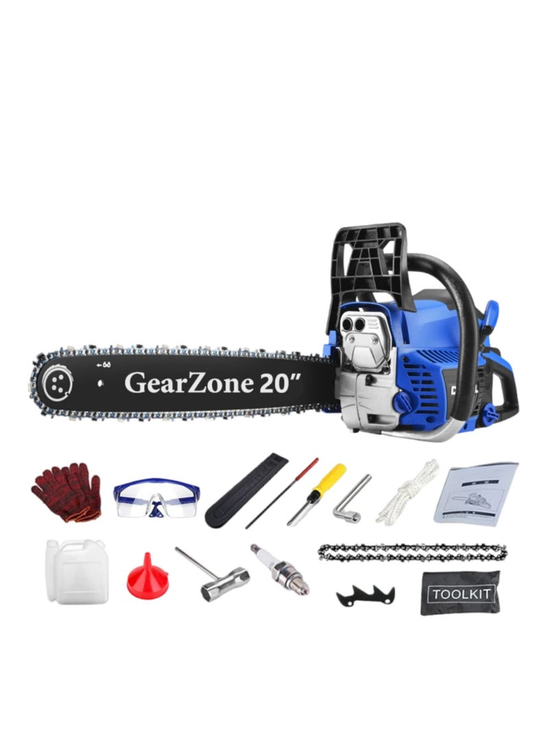 GearZone 20Inch-58CC-2.68KW Handheld High Powered Gasoline/Petrol Chainsaw, Including 2 Saw Chains and Other Accessories For Cutting Trees, Wood, & Logs-Blue Color