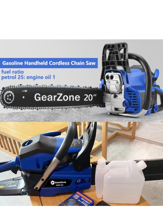 GearZone 20Inch-58CC-2.68KW Handheld High Powered Gasoline/Petrol Chainsaw, Including 2 Saw Chains and Other Accessories For Cutting Trees, Wood, & Logs-Blue Color