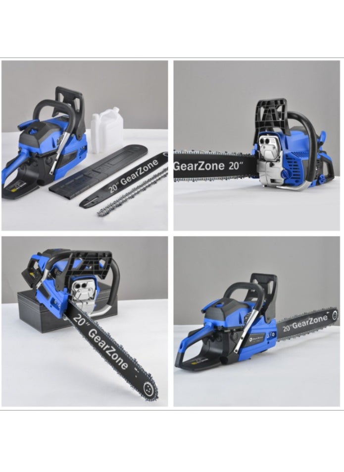 GearZone 20Inch-58CC-2.68KW Handheld High Powered Gasoline/Petrol Chainsaw, Including 2 Saw Chains and Other Accessories For Cutting Trees, Wood, & Logs-Blue Color