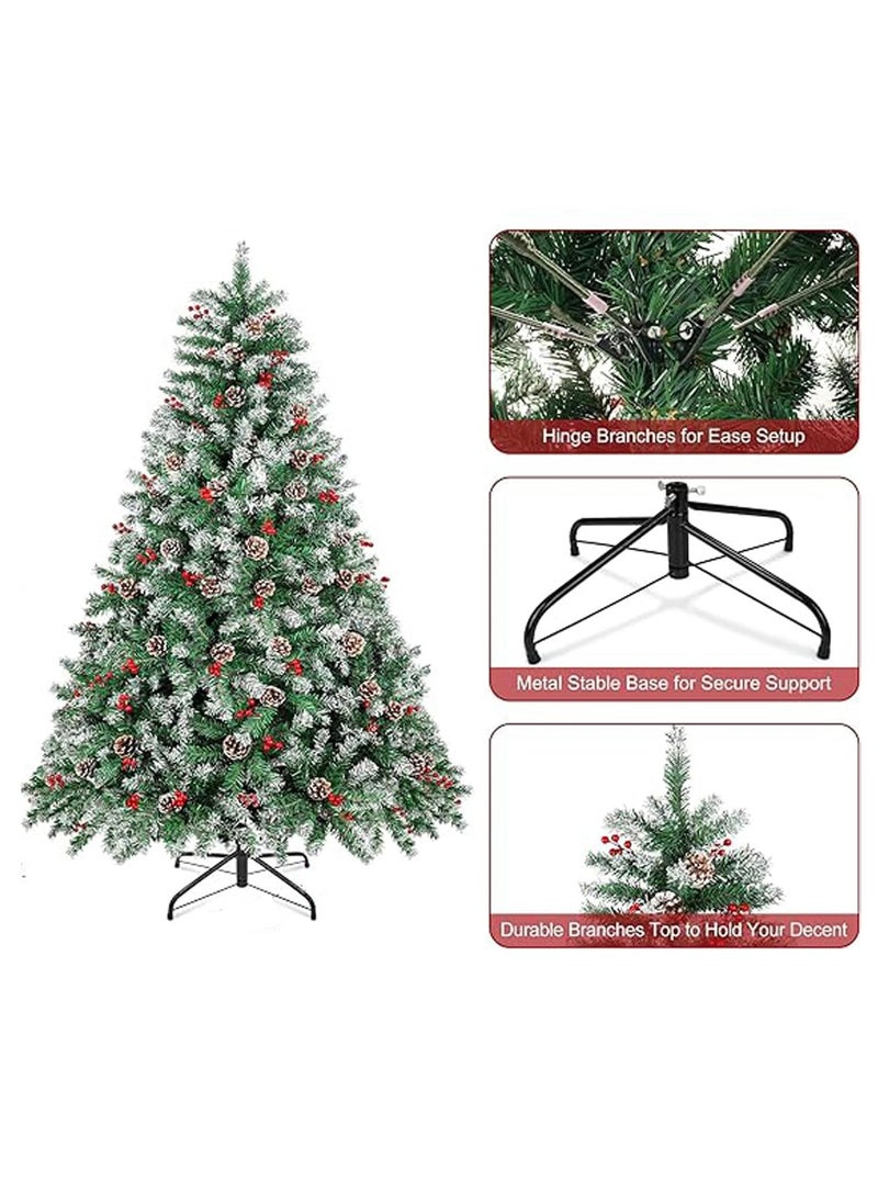 Artificial Tree Holiday Tree Flocked Artificial Tree Spruce Whole Tree with Metal Stand Pine Cones and Berries Suitable for Home Office Party New Year Decoration (A)