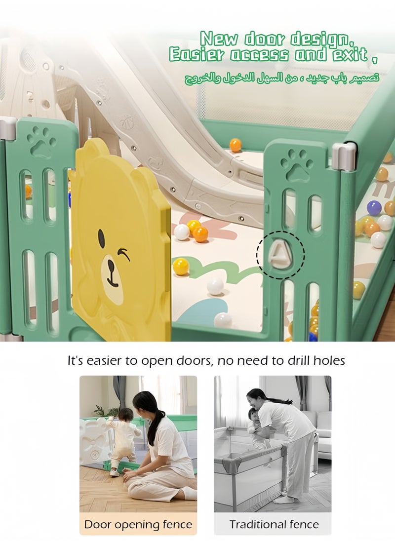 Kids Playpen with New Safe Gate Design,Baby Play Mat,60 Ocean Balls,Firm Suction Cups and Structure,Indoor Play Game Fence 150*180cm