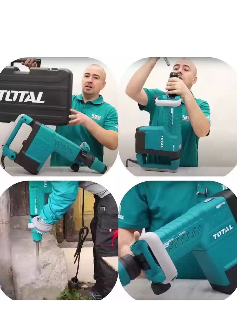 Total Demolition Breaker Jack Hammer 1500W, 10KG, SDS-MAX Chuck, 1000-1900bpm, 6-25J Impact Force, Anti-Vibration System, Includes 2 Chisels & Extra Carbon Brushes – TH215002