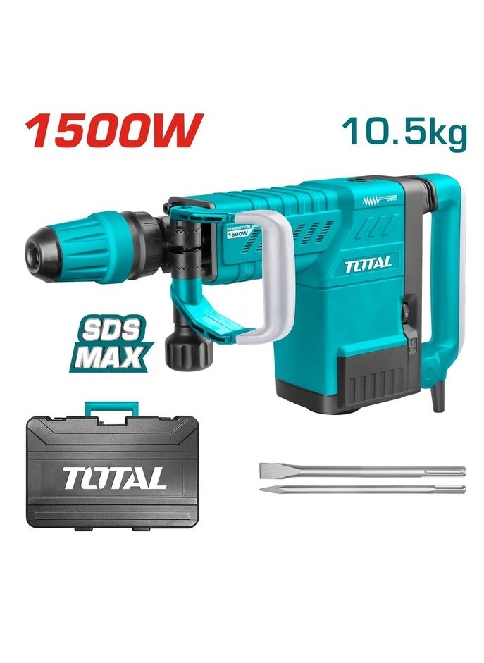 Total Demolition Breaker Jack Hammer 1500W, 10KG, SDS-MAX Chuck, 1000-1900bpm, 6-25J Impact Force, Anti-Vibration System, Includes 2 Chisels & Extra Carbon Brushes – TH215002