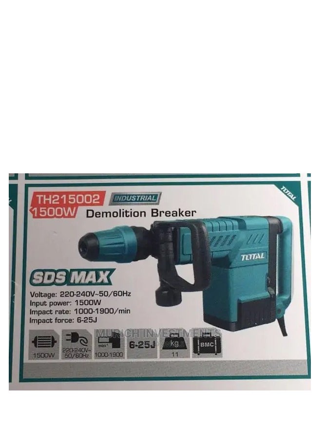 Total Demolition Breaker Jack Hammer 1500W, 10KG, SDS-MAX Chuck, 1000-1900bpm, 6-25J Impact Force, Anti-Vibration System, Includes 2 Chisels & Extra Carbon Brushes – TH215002