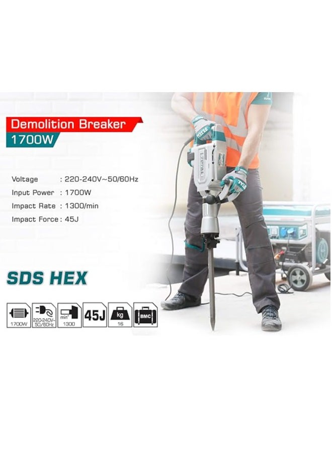 Total Demolition Breaker Jack Hammer 1700W, 45J Impact Force, 1400bpm, 16KG, HEX Chuck System, Includes 2 Chisels & Extra Carbon Brushes – TH215456, Heavy Duty for Concrete & Stone