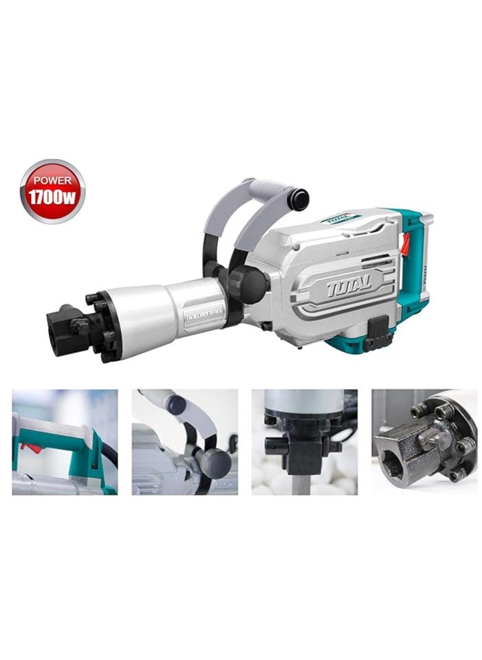 Total Demolition Breaker Jack Hammer 1700W, 45J Impact Force, 1400bpm, 16KG, HEX Chuck System, Includes 2 Chisels & Extra Carbon Brushes – TH215456, Heavy Duty for Concrete & Stone