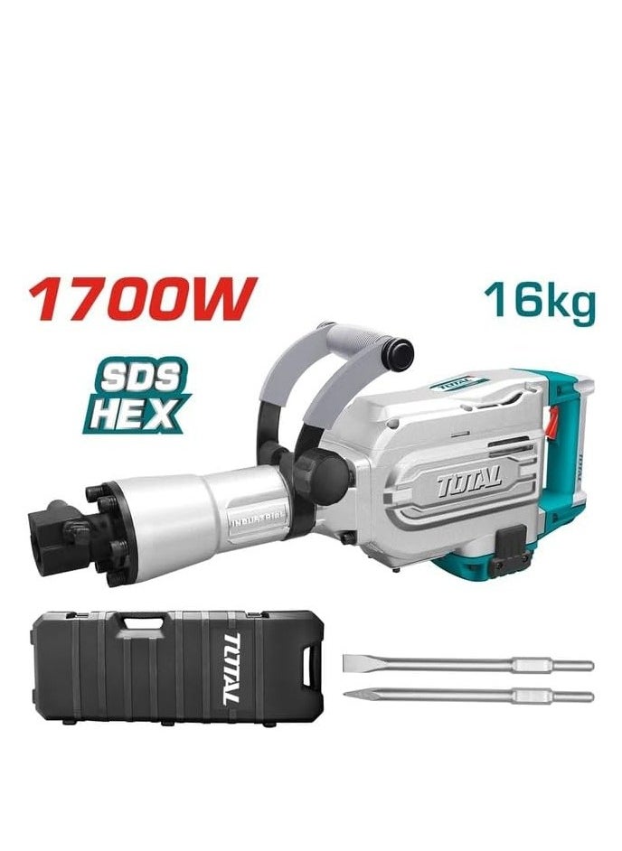 Total Demolition Breaker Jack Hammer 1700W, 45J Impact Force, 1400bpm, 16KG, HEX Chuck System, Includes 2 Chisels & Extra Carbon Brushes – TH215456, Heavy Duty for Concrete & Stone