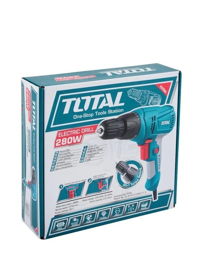 Total Electric Drill 280W, 10mm Keyless Chuck, 0-750rpm, 20+1 Torque Settings, 4M Cable, Ideal for Drilling Wood, Metal & Plastic – TD502106