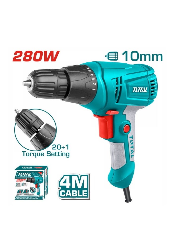 Total Electric Drill 280W, 10mm Keyless Chuck, 0-750rpm, 20+1 Torque Settings, 4M Cable, Ideal for Drilling Wood, Metal & Plastic – TD502106