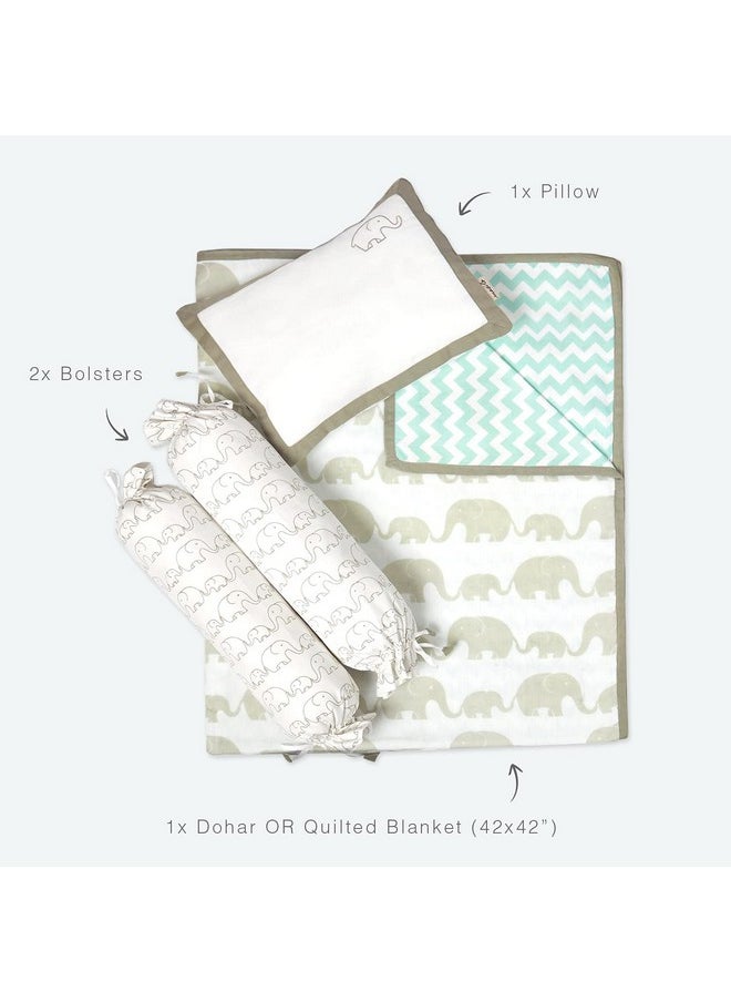 Organic Cotton Mini Crib Set Combo Includes Cot Bedding Essential For Infants, Soft & Comfortable Newborn Baby Gift - Elephant