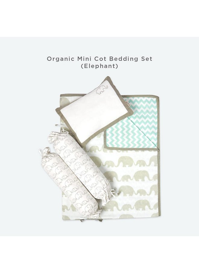 Organic Cotton Mini Crib Set Combo Includes Cot Bedding Essential For Infants, Soft & Comfortable Newborn Baby Gift - Elephant