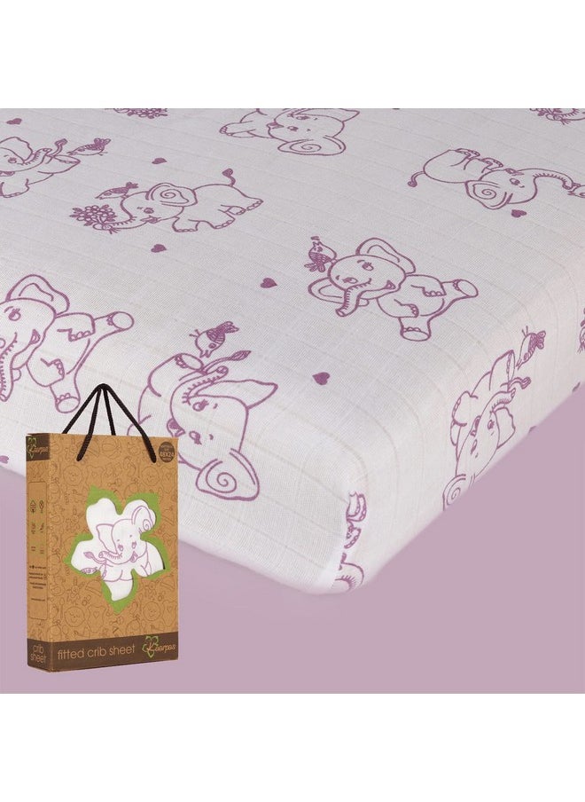 Baby Premium Organic Cotton Muslin Elastic Fitted Cot Bedsheet Crib Sheet With Animal Theme Of Elephant Lavender (Size : 132 X 70 X 20 Cm) 1 Unit