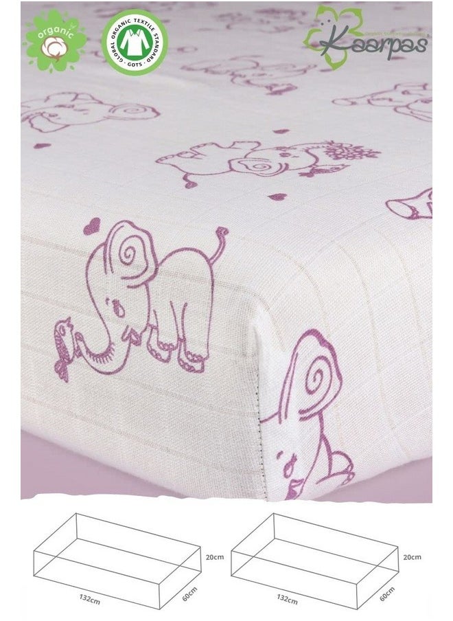 Baby Premium Organic Cotton Muslin Elastic Fitted Cot Bedsheet Crib Sheet With Animal Theme Of Elephant Lavender (Size : 132 X 70 X 20 Cm) 1 Unit