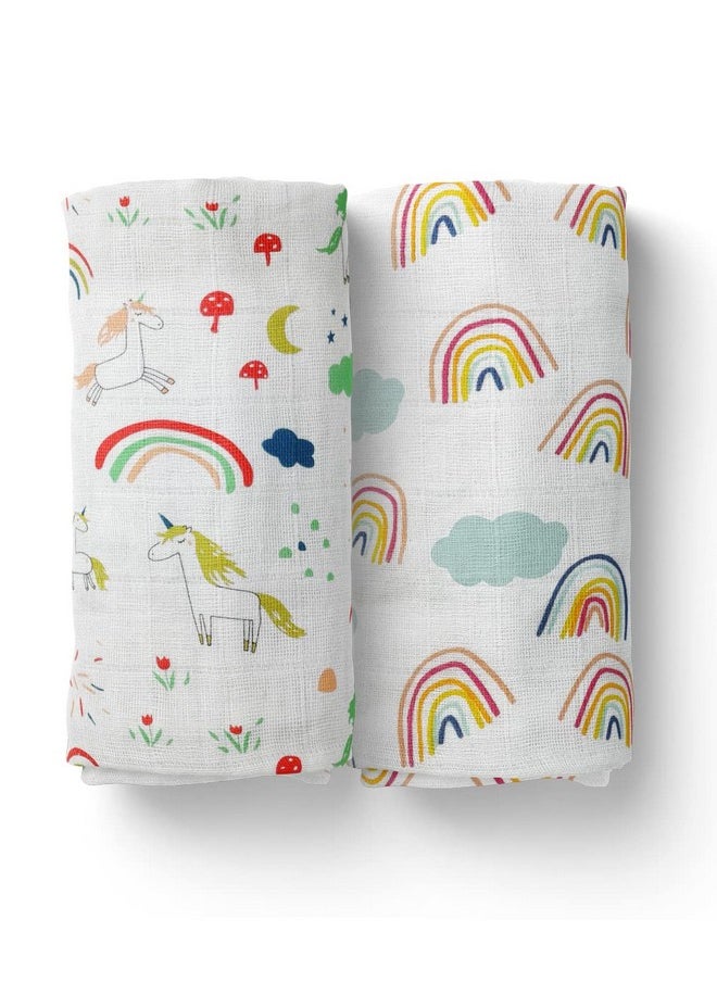 Organic Cotton Baby Muslin Swaddle Combo | Rainbow & Unicorn | 100X100 Cm | 0-12 Months | Multicolor | Pack Of 2