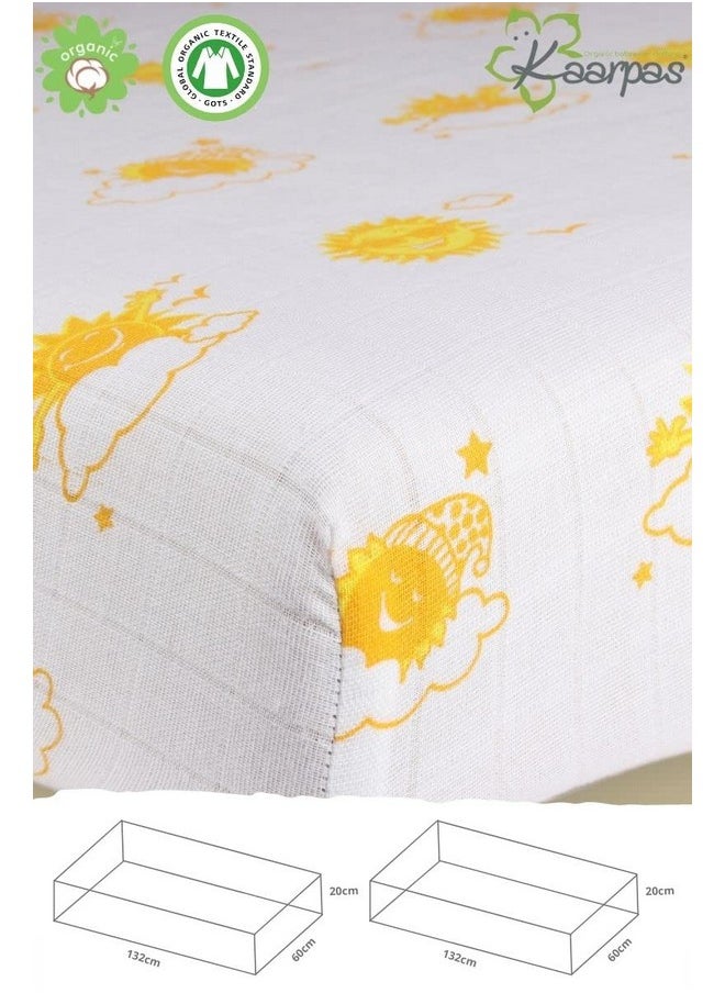 Baby Premium Organic Cotton Muslin Elastic Fitted Cot Bedsheet Crib Sheet With Sky Theme Of Sun Orange, Yellow (Size : 120 X 60 X 20 Cm) 1 Unit