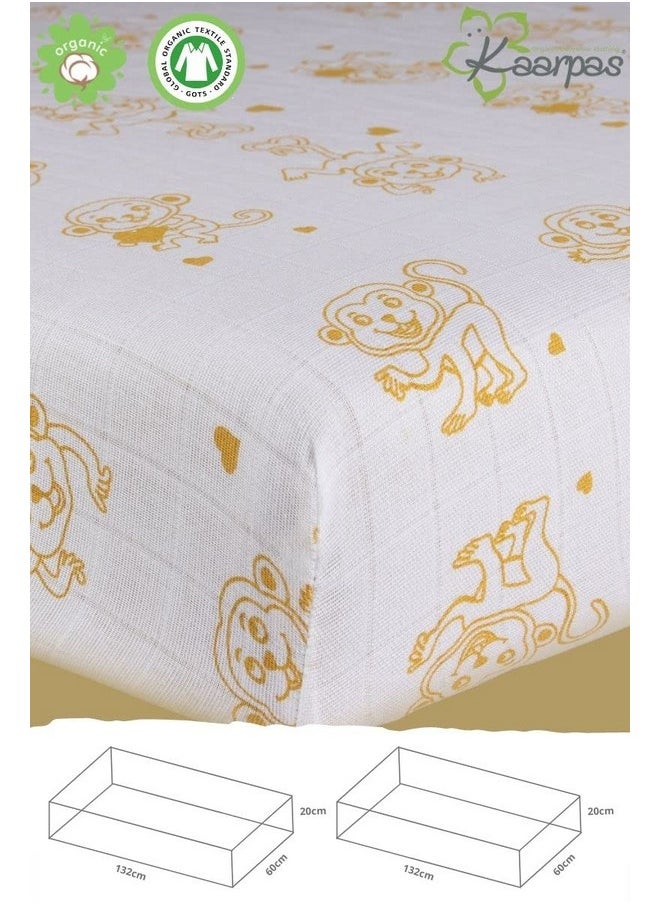 Baby Premium Organic Cotton Muslin Elastic Fitted Cot Bedsheet Crib Sheet With Animal Theme Of Monkey Golden Yellow (Size : 132X70X20 Cm) 1 Unit