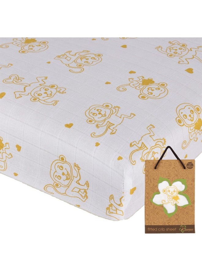 Baby Premium Organic Cotton Muslin Elastic Fitted Cot Bedsheet Crib Sheet With Animal Theme Of Monkey Golden Yellow (Size : 132X70X20 Cm) 1 Unit