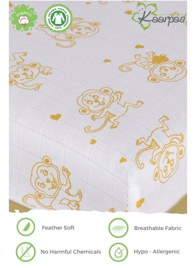 Baby Premium Organic Cotton Muslin Elastic Fitted Cot Bedsheet Crib Sheet With Animal Theme Of Monkey Golden Yellow (Size : 132X70X20 Cm) 1 Unit