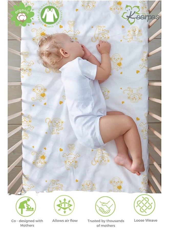 Baby Premium Organic Cotton Muslin Elastic Fitted Cot Bedsheet Crib Sheet With Animal Theme Of Monkey Golden Yellow (Size : 132X70X20 Cm) 1 Unit