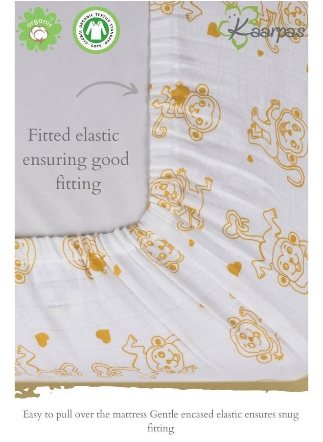 Baby Premium Organic Cotton Muslin Elastic Fitted Cot Bedsheet Crib Sheet With Animal Theme Of Monkey Golden Yellow (Size : 132X70X20 Cm) 1 Unit