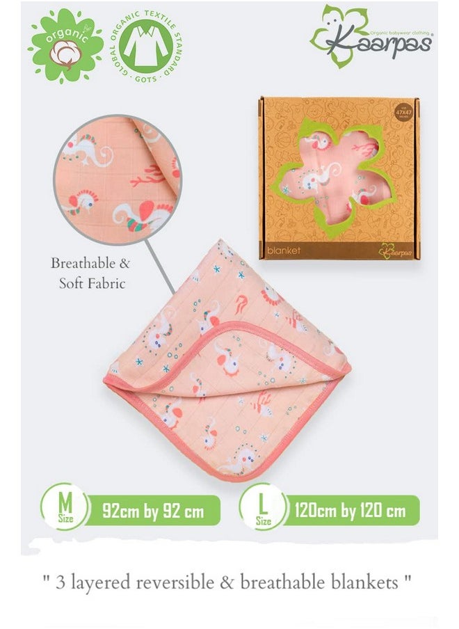 ‘Ocean Dive’ 2 Layer Organic Cotton Muslin Blanket : Spiny The Seahorse, (Size : 120 X 120 Cm), Peach