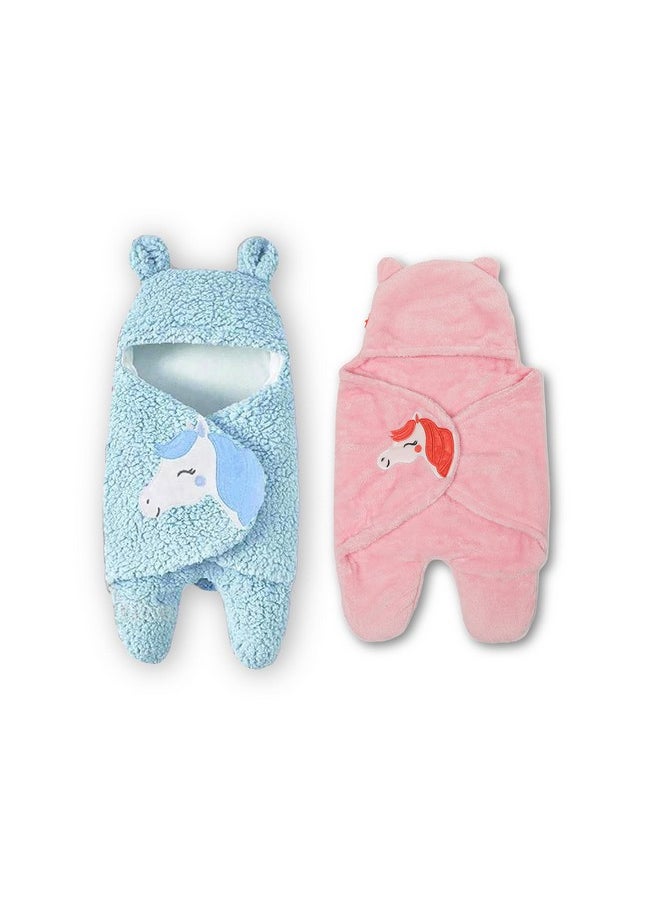 By 10 Club 3-In-1 Unicorn Hooded Baby Blanket Wrapper With Velcro Lock - Set Of 2 (Blue & Pink) | All Season Soft Swaddle For New Born Baby | Soft Skin Friendly Baby Wrapper | Baby Blankets Newborn 0-24 Months | Baby Shower Gift