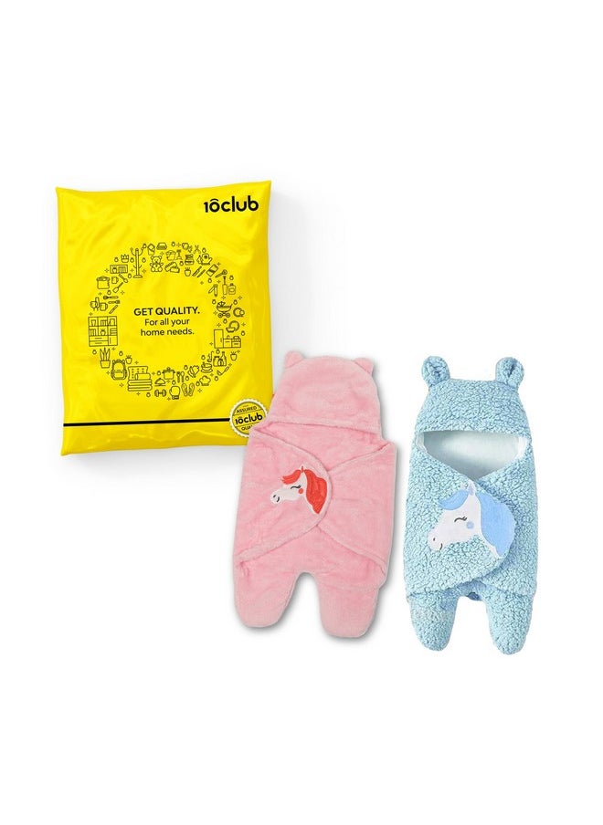 By 10 Club 3-In-1 Unicorn Hooded Baby Blanket Wrapper With Velcro Lock - Set Of 2 (Blue & Pink) | All Season Soft Swaddle For New Born Baby | Soft Skin Friendly Baby Wrapper | Baby Blankets Newborn 0-24 Months | Baby Shower Gift