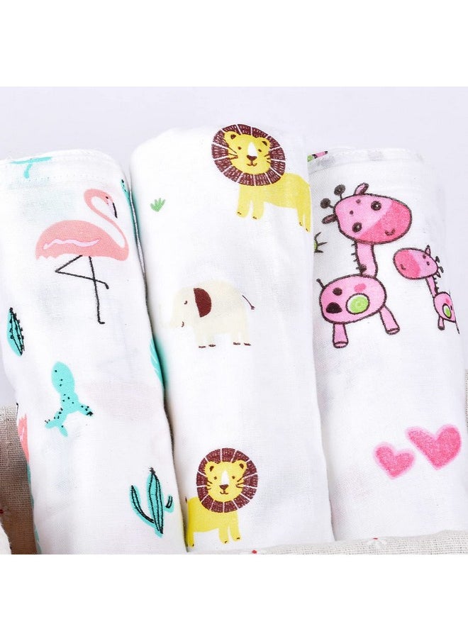 Organic Cotton Baby Muslin Swaddle - Pack Of 3-100X100 Cm (Pinkgiraflionflamingo)