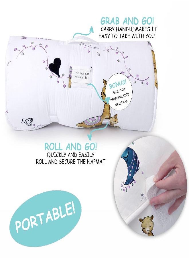 JumpOff Jo - Toddler Nap Mat - Sleeping Bag for Kids with Removable Pillow for Preschool, Daycare, and Sleepovers - Measures 43 x 21 Inches with Original Design - Llama & Mama