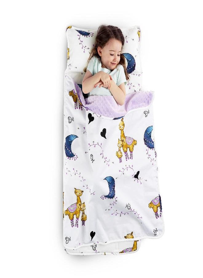 JumpOff Jo - Toddler Nap Mat - Sleeping Bag for Kids with Removable Pillow for Preschool, Daycare, and Sleepovers - Measures 43 x 21 Inches with Original Design - Llama & Mama