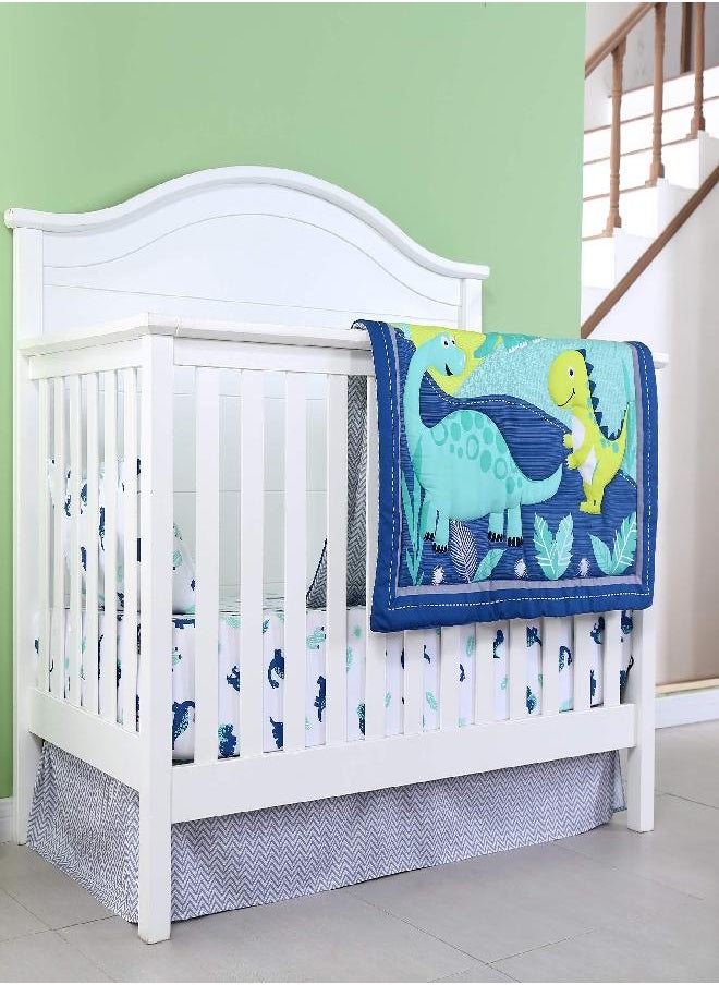 JISEN 3 Piece Crib Bedding Set Crib Quilt Crib Sheet Pillowcase - Soft Microfiber Printed Dinosaur Nursery Set for Baby Boys or Girls