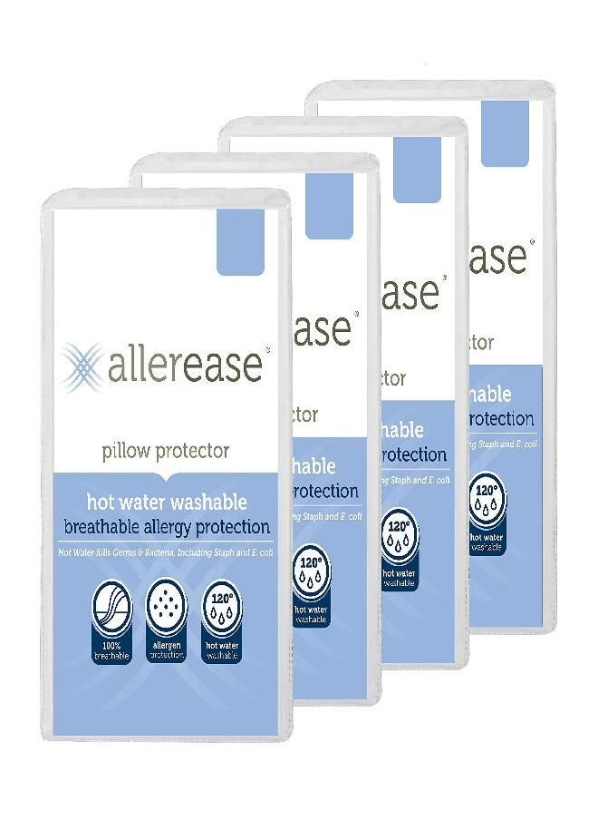 Aller-Ease Washable Hot Water Wash Pillow Protector, 4 Pack, White 4 Count