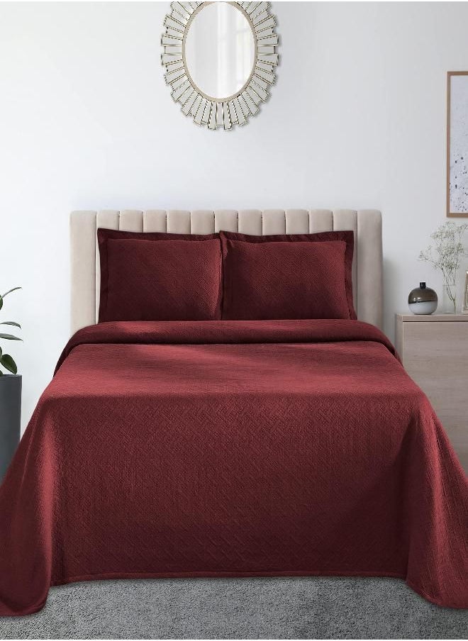 SUPERIOR Jacquard Matelasse 100% Cotton Basketweave 3-Piece Bedspread Set - Queen, Garnet