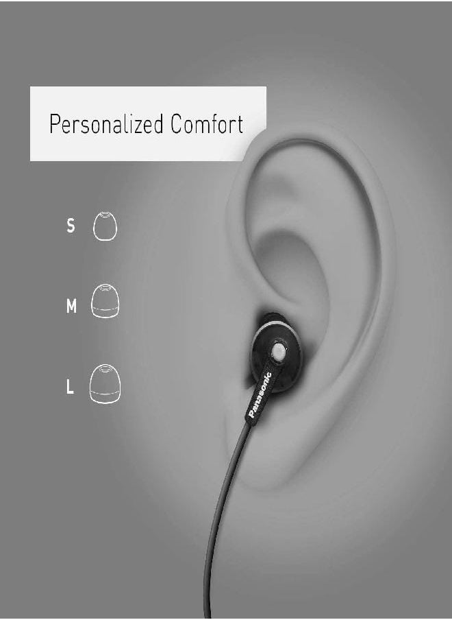 Panasonic ErgoFit Wired Earbuds, In-Ear Headphones with Dynamic Crystal-Clear Sound and Ergonomic Custom-Fit Earpieces (S/M/L), 3.5mm Jack for Phones and Laptops, No Mic - RP-HJE120-K (Black)