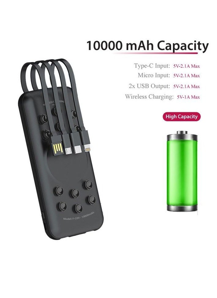 10000mAh Suction Power Bank – Wireless Charging with 4 Built-In Cables, Compact and Convenient