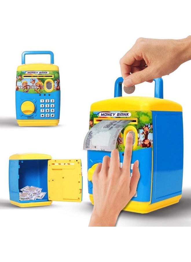 Finger Print Sensor Atm Piggy Bank For Kids Girl Boys Gullak For Money Bank With Password & Music Auto Scroll Money Saving Box With Coin Cash Slot Gifts For Kids - Blue