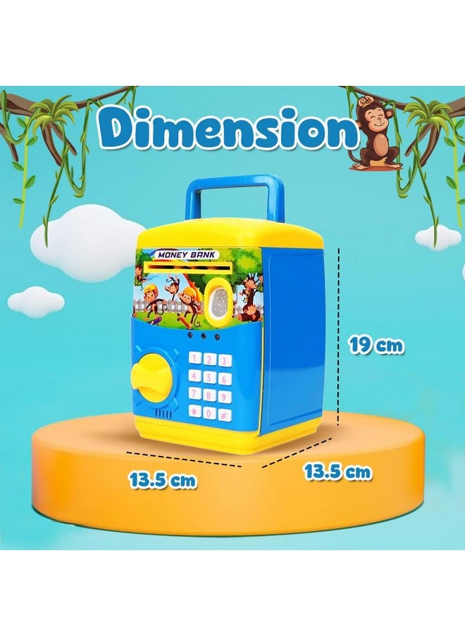 Finger Print Sensor Atm Piggy Bank For Kids Girl Boys Gullak For Money Bank With Password & Music Auto Scroll Money Saving Box With Coin Cash Slot Gifts For Kids - Blue
