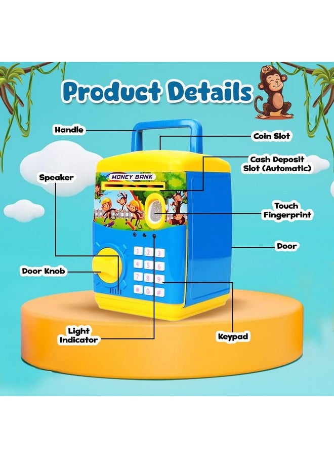 Finger Print Sensor Atm Piggy Bank For Kids Girl Boys Gullak For Money Bank With Password & Music Auto Scroll Money Saving Box With Coin Cash Slot Gifts For Kids - Blue