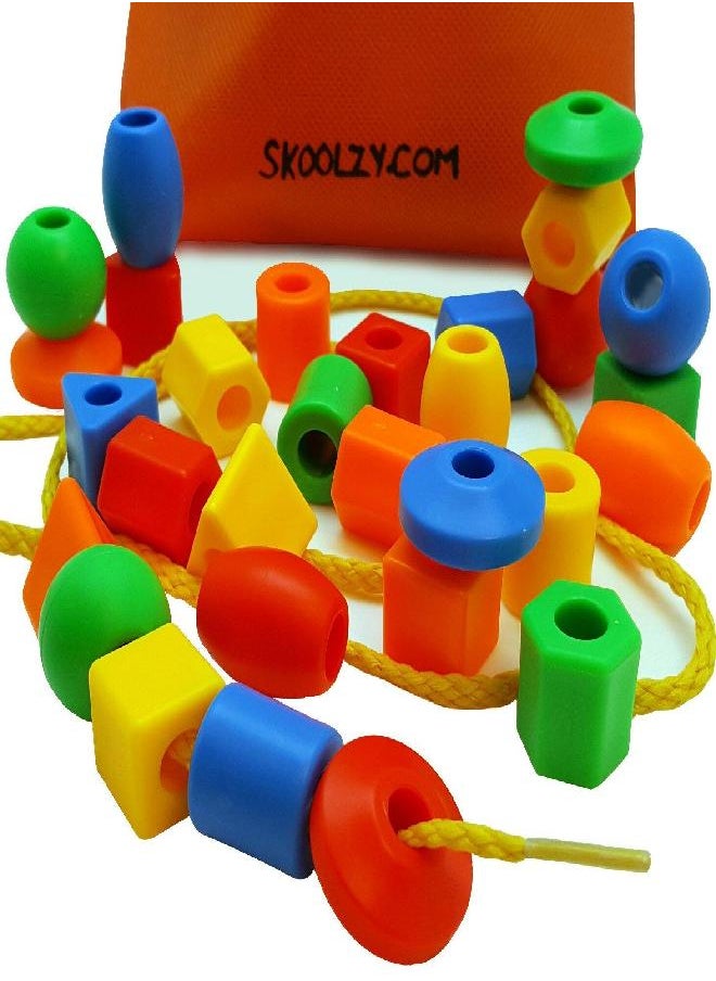 Skoolzy Rainbow Lacing Beads for Toddlers 37 Piece Set - Shape and Color Recognition Montessori Toys Occupational Therapy Toddler Activities Educational Toys for Kids 4+ Includes String and Bag