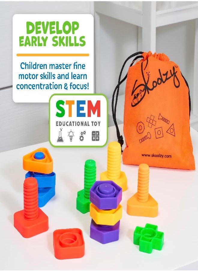 Skoolzy Nuts and Bolts 12 Piece Set Sensory Occupational Therapy STEM Toddler Toys for Kids Develops Fine Motor Skills Boys and Girls Ages 2+ Includes eBook - Travel 12 Piece