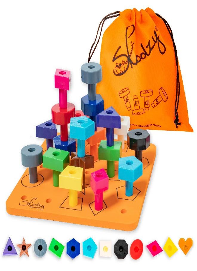 Skoolzy Stacking Toddler Peg Board 38 Piece Set - Sorting & Stacking Games Color Matching & Shape Recognition Toy for Toddlers & Preschoolers, Age 3+ Includes Pegs Foam Board Storage Bag and eBook