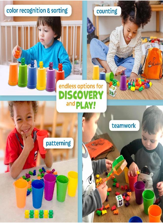 Skoolzy Rainbow Counting Bears with Matching Sorting Cups 68 Piece Set - Toddler Learning Toys Number Sorting Counting Color Recognition for Kids Age 3+ Includes Montessori Tongs 2 Skoolzy Bags eBook