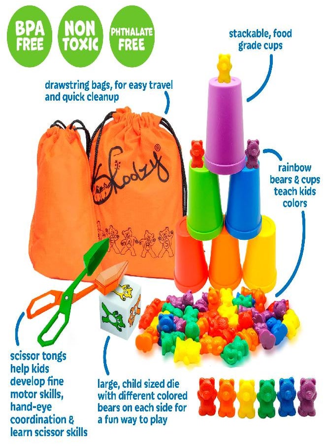 Skoolzy Rainbow Counting Bears with Matching Sorting Cups 68 Piece Set - Toddler Learning Toys Number Sorting Counting Color Recognition for Kids Age 3+ Includes Montessori Tongs 2 Skoolzy Bags eBook