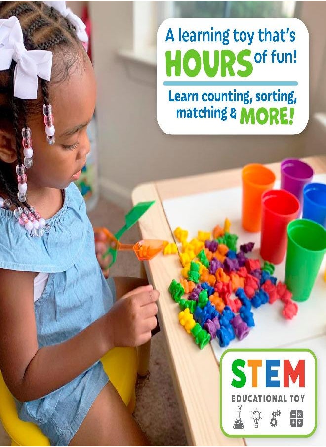 Skoolzy Rainbow Counting Bears with Matching Sorting Cups 68 Piece Set - Toddler Learning Toys Number Sorting Counting Color Recognition for Kids Age 3+ Includes Montessori Tongs 2 Skoolzy Bags eBook
