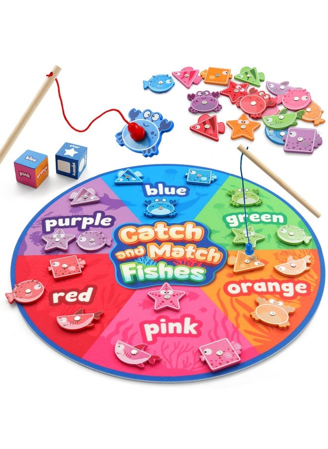 Montessori Toy For Toddlers, Fine Motor Skill Wooden Magnetic Fishing Game For Year Old Kids, Color And Shape Sorter For Age 3 4 5 Girls Boys Preschool Educational Gift