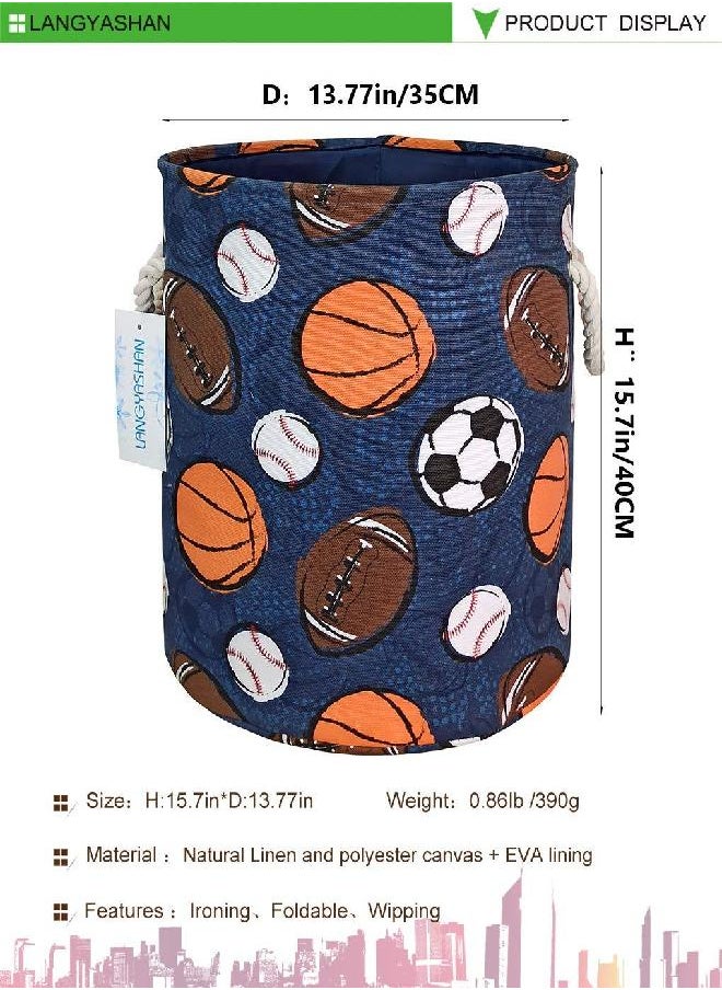 LANGYASHAN Laundry Basket Canvas Collapsible Organizer Storage Basket for Boys Girls Laundry Hamper Toy Bins Gift Baskets Bedroom Clothes Children Nursery (Navy Ball Game)