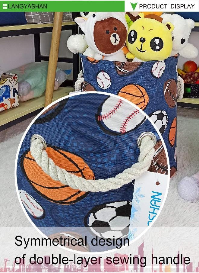 LANGYASHAN Laundry Basket Canvas Collapsible Organizer Storage Basket for Boys Girls Laundry Hamper Toy Bins Gift Baskets Bedroom Clothes Children Nursery (Navy Ball Game)