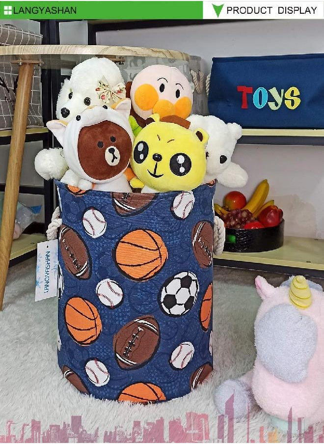 LANGYASHAN Laundry Basket Canvas Collapsible Organizer Storage Basket for Boys Girls Laundry Hamper Toy Bins Gift Baskets Bedroom Clothes Children Nursery (Navy Ball Game)