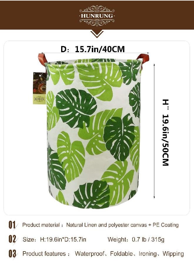 HUNRUNG Laundry Hamper,Large Canvas Fabric Lightweight Storage Basket Toy Organizer Dirty Clothes Collapsible Waterproof for College Dorms, Children Bedroom,Bathroom (Round Leaf)